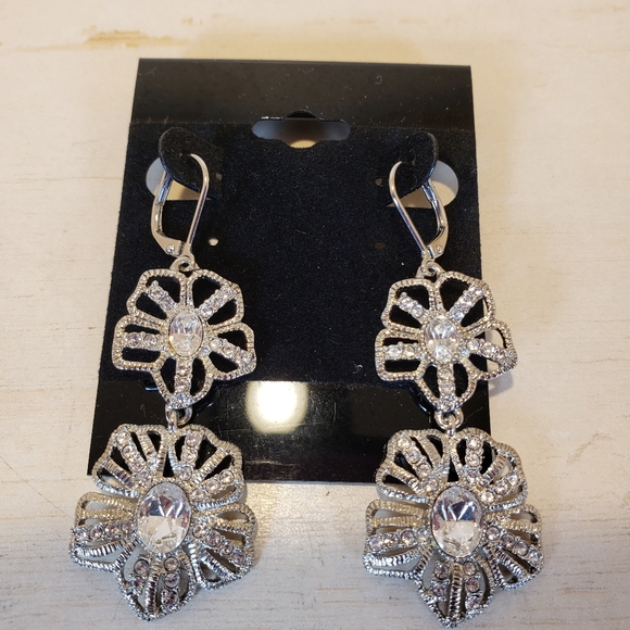 Vintage Givenchy Rhinestone Cut Out Flowers Dangle Earrings - Picture 10 of 12